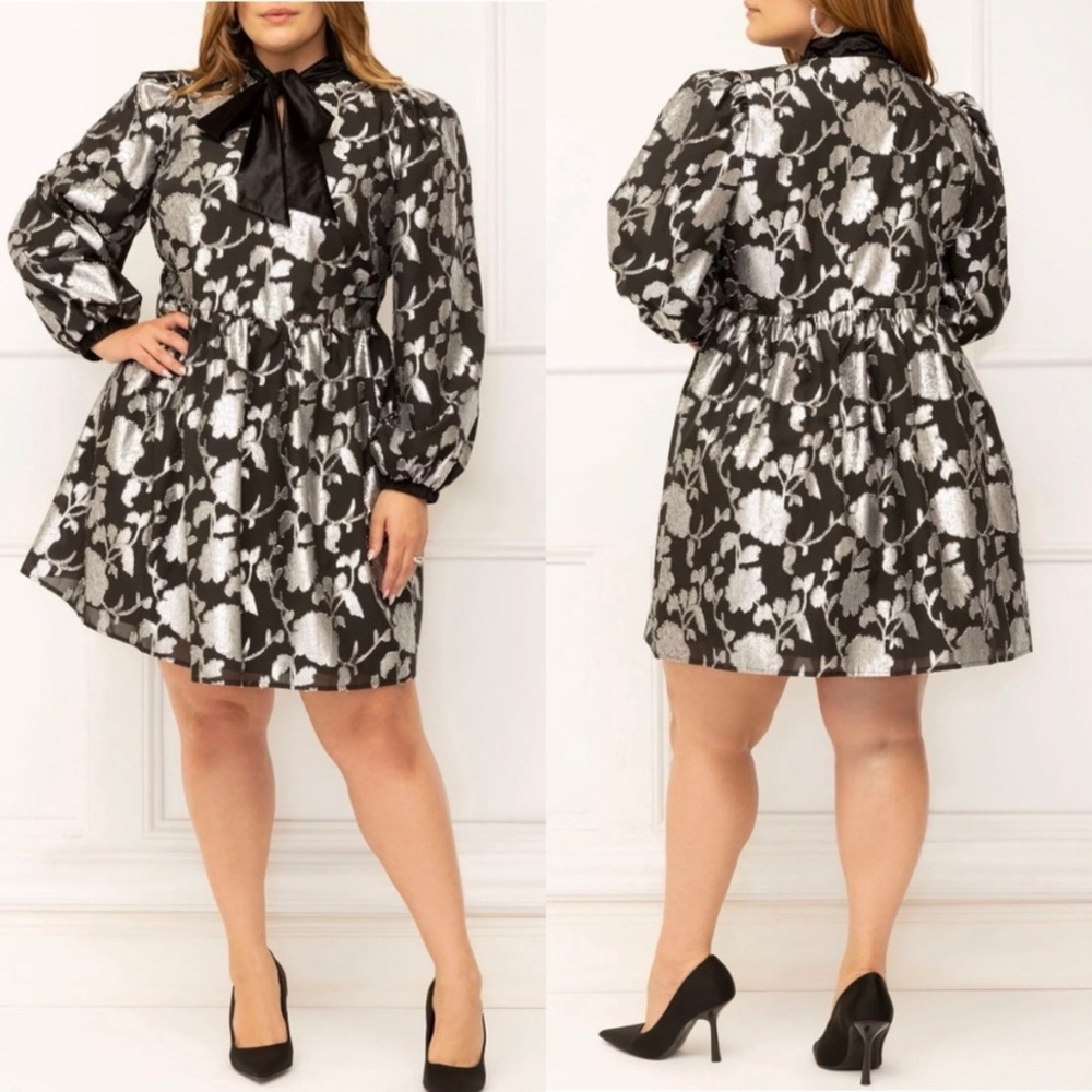 ELOQUII Elements Bow Neck Metallic Mini Dress with Puff Sleeves Size 14